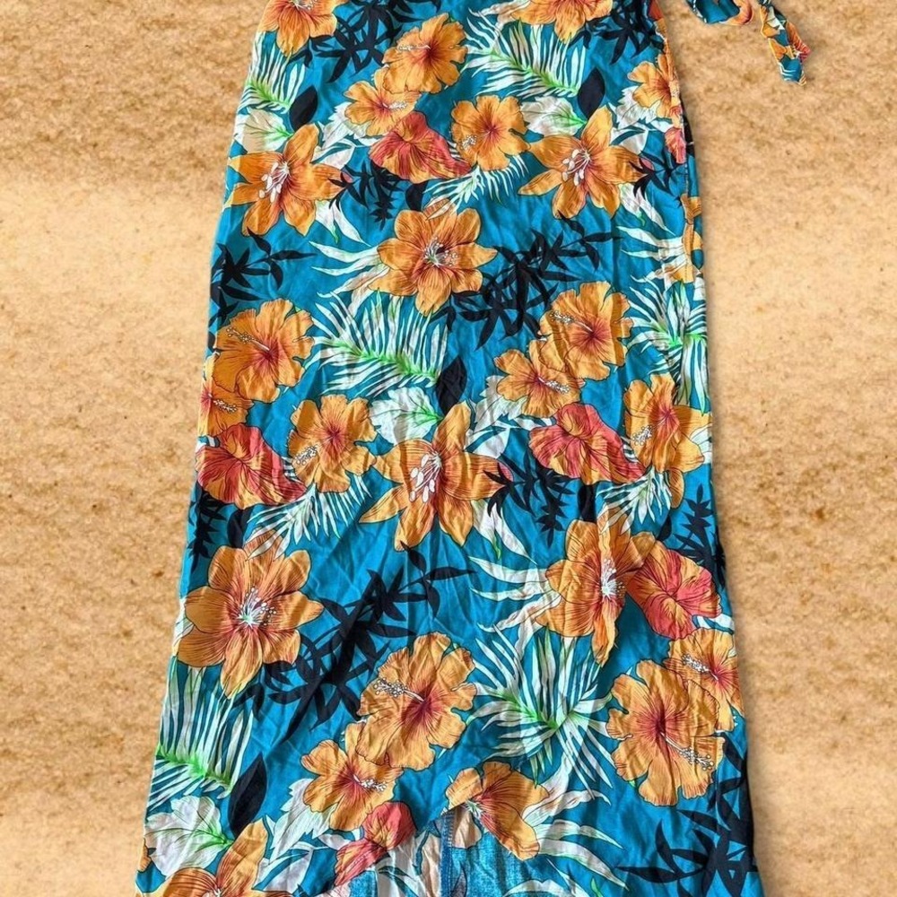 Elsie & Zoey Tropical Hibiscus Floral Wrap Maxi Skirt Teal Orange S/M NEW